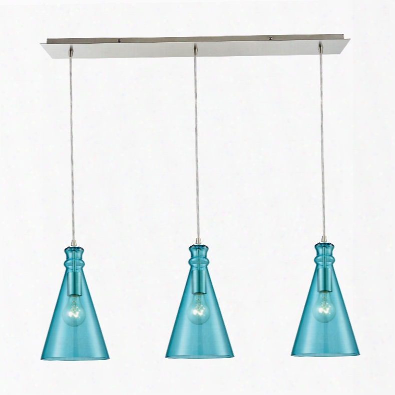 Elk Lighting Parson 3-light Linear Pan In Satin Nickel With Aqua Glass Pendant