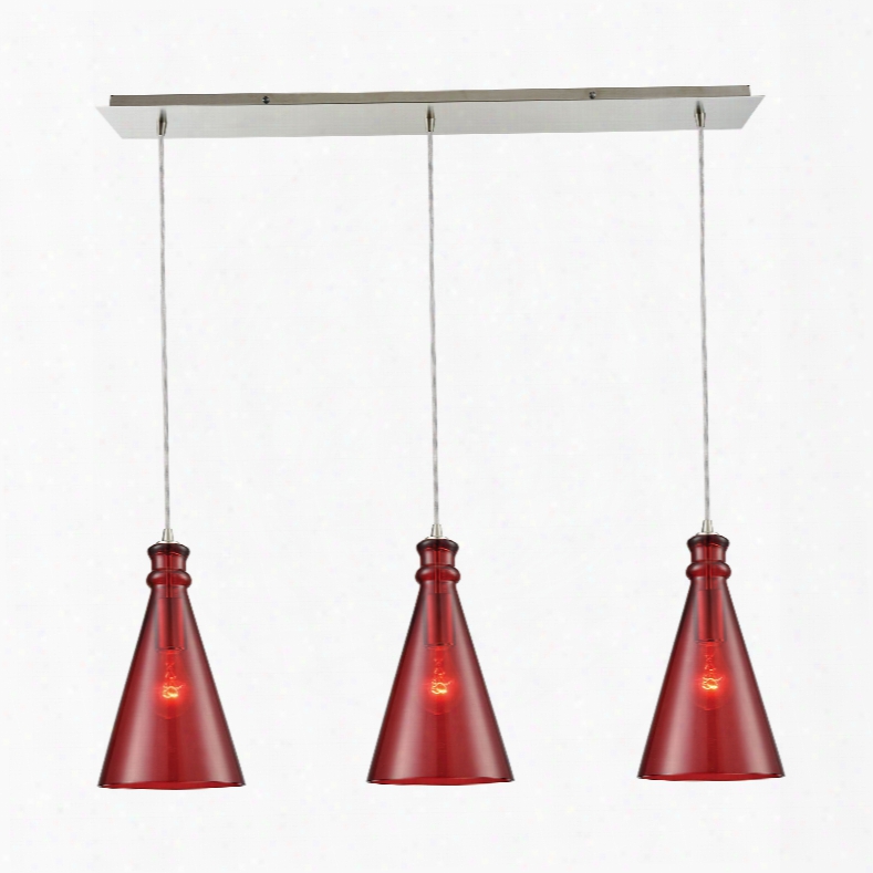 Elk Lighting Parson 3-light Linear Pan In Satin Nickel With Wine Red Glass Pendant