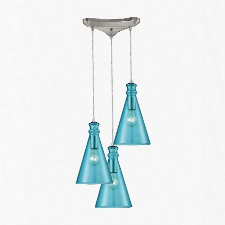 Elk Lighting Parson 3-light Triangle Pan In Satin Nickel With Aqua Glass Pendant