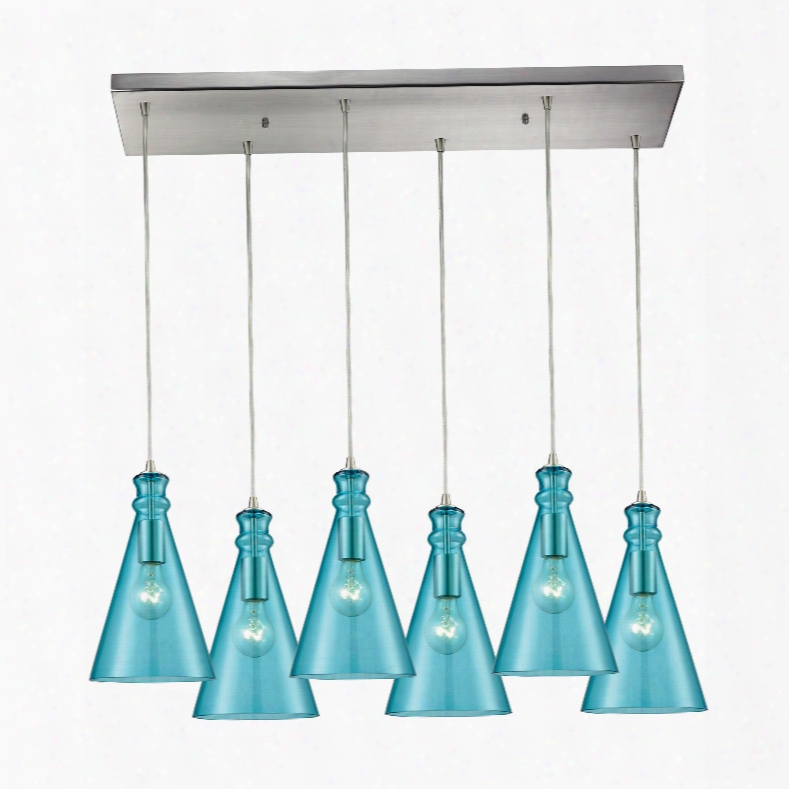 Elk Lighting Parson 6-light Rectangle In Satin Nickel With Aqua Glass Pendant