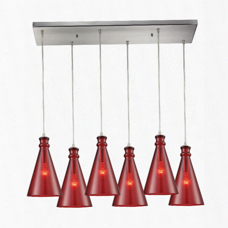 Elk Lighting Parson 6-light Rectangle In Satin Nickel With Wine Red Glass Pendant