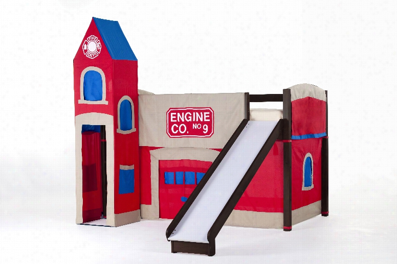 Hillsdale Kids Schoolhouse Junior Loft Bed With Slide And Firehouse Tent In Chocolate
