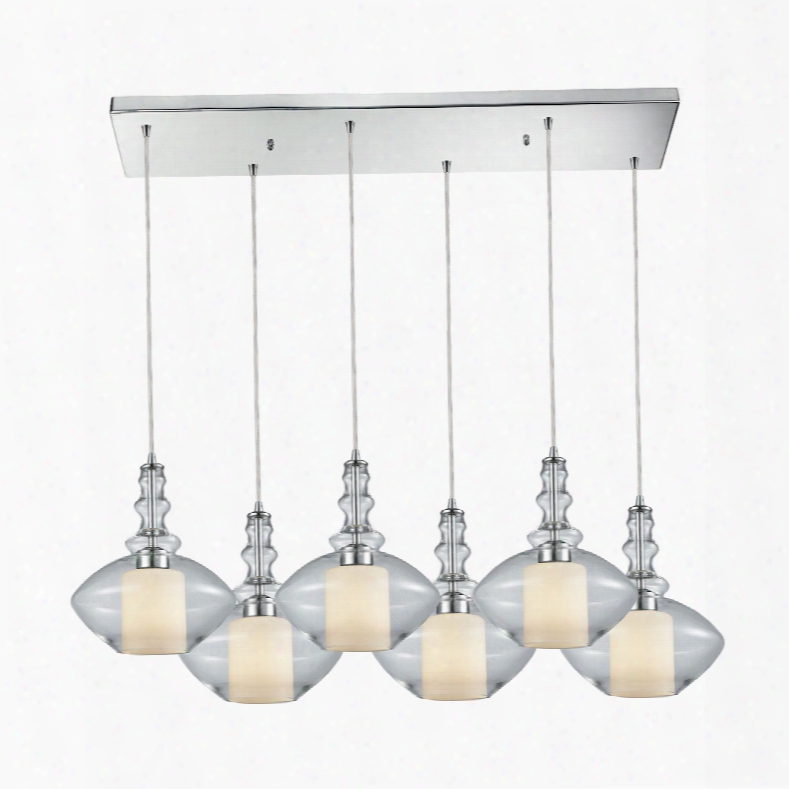 Elk Lighting Alora 6-light Rectangle Pendant In Polished Chrome With Opall White Glass Inside Clear Glass