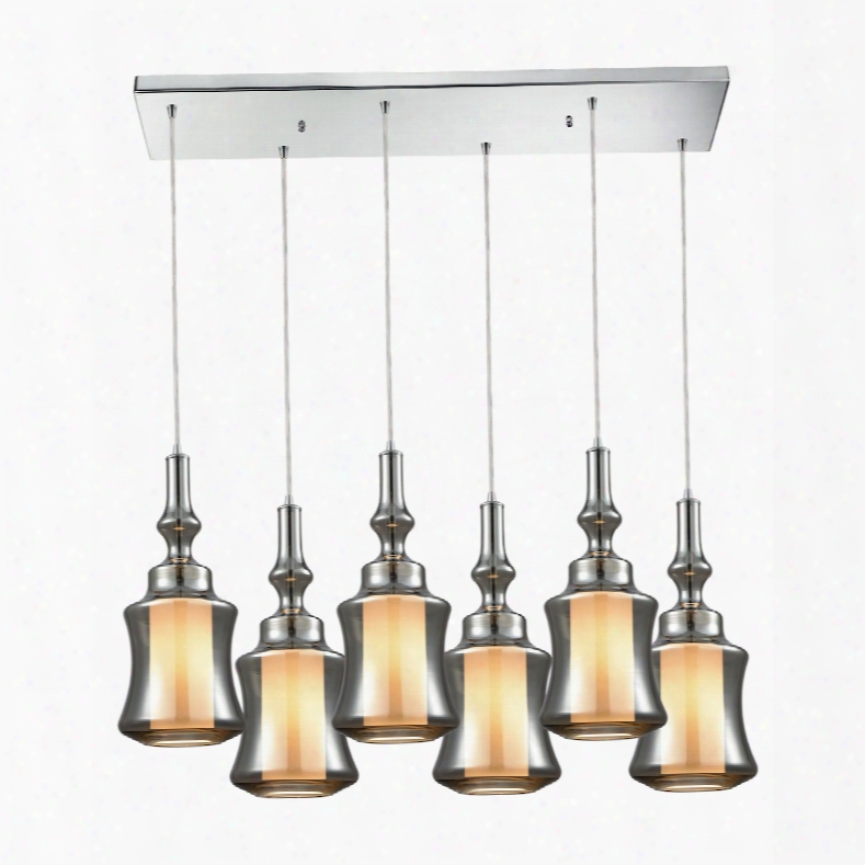 Elk Lighting Alora 6-light Rectangle Pendant In Polished Chrome With Opal White Glass Inside Smoke Plated Glass