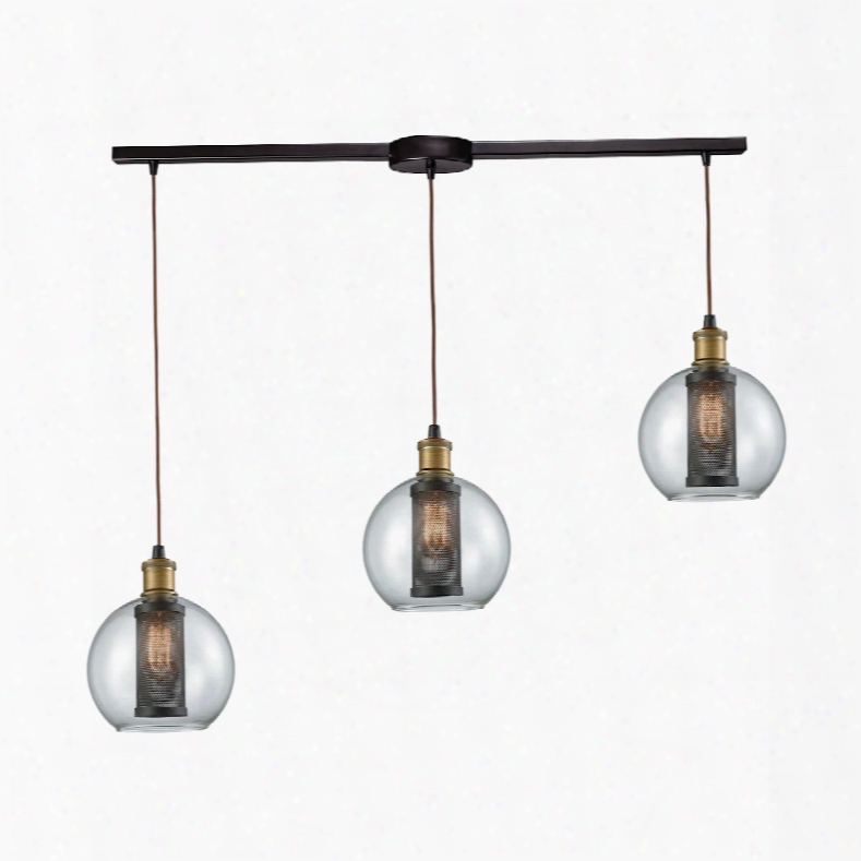 Elk Lighting Bremington 3-light Linear Bar Pendant In Tarnished Brass/oil Rubbed Bronze With Clear Glass And Perforated Metal Cage