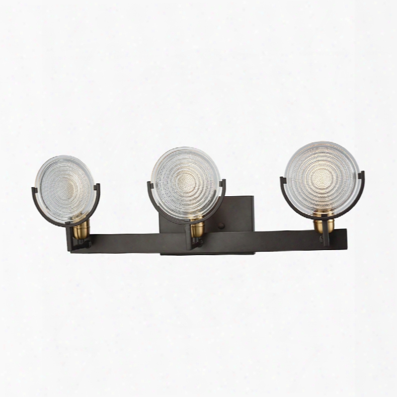 Elk Lighting Ocular 3-light Vanity In Oil Rubbed Bronze With Satin Brass Accents And Clear Railroad-light Glass