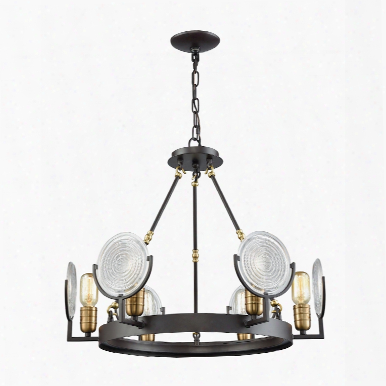 Elk Lighting Ocular 6-light Chandelier In Oil Rubbed Bronze With Satin Brass Accents Anc Clear Railroad-light Glass