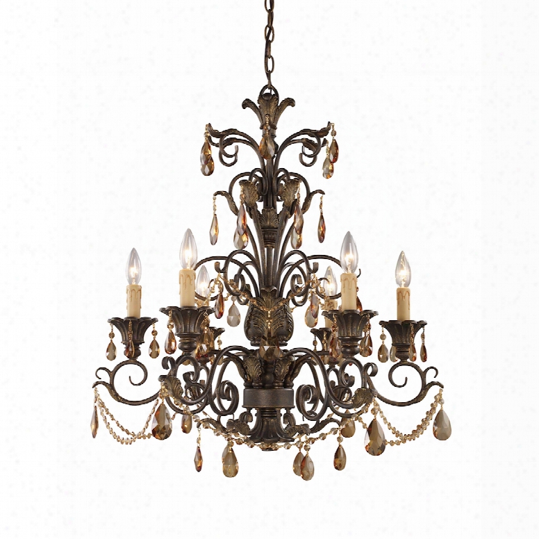 Elk Lighting Rochelle 6-light Chandelier In Weathered Mahogany And Amber Crystal