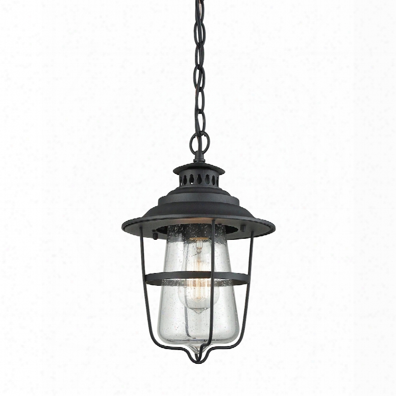 Elk Lighting San Mateo 1-light Outdoor Pendant In Textured Matte Black With Acquit Seedy Glass