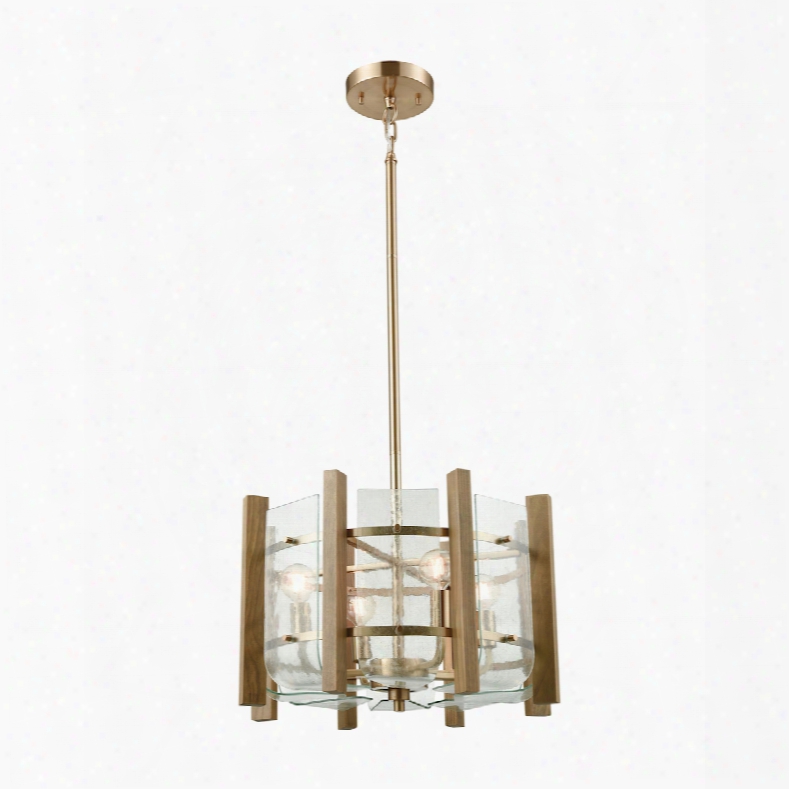 Elk Lighting Vindalia 4-light Chandelier In Satin Brass With Wood Slats And Curved Glaas