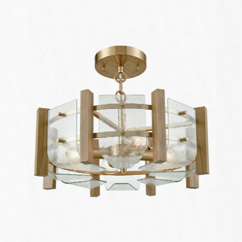 Elk Lighting Vindalia 4-light Semi Flush In Satin Brass With Wood Slats And Curved Glass