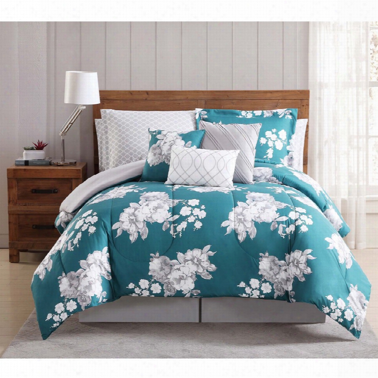 Pem America Style 212 Peony Garden Floral Gray And Teal 12 Piece King Bed Ensemble