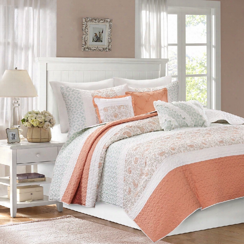 Madison Park Dawn 6 Piece Cotton Percale Quilted Coverlet Set In Coral