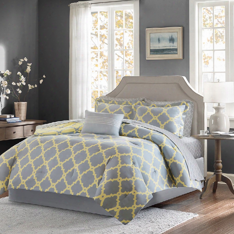 Madison Park Essentials Merritt Complete Bed And Sheet Set In Grey/yellow