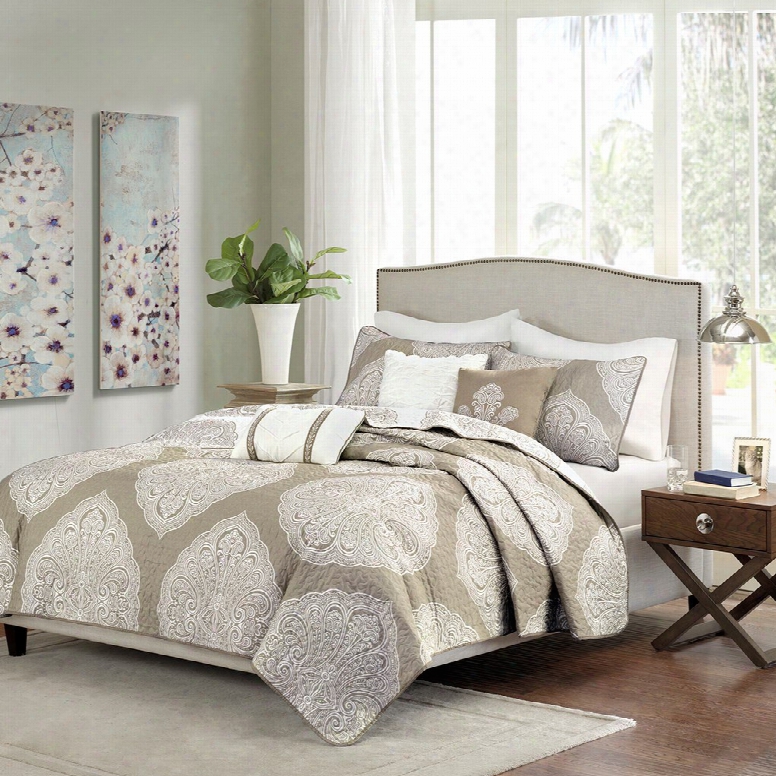 Madison Park Rachel 6 Piece Reversible Quilted Coverlet Set In Taupe