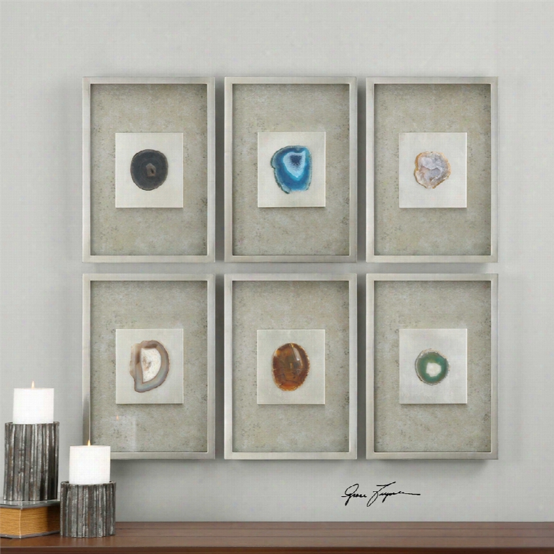 Uttermost Agate Stone Wall Art Set Of 6 In Silver