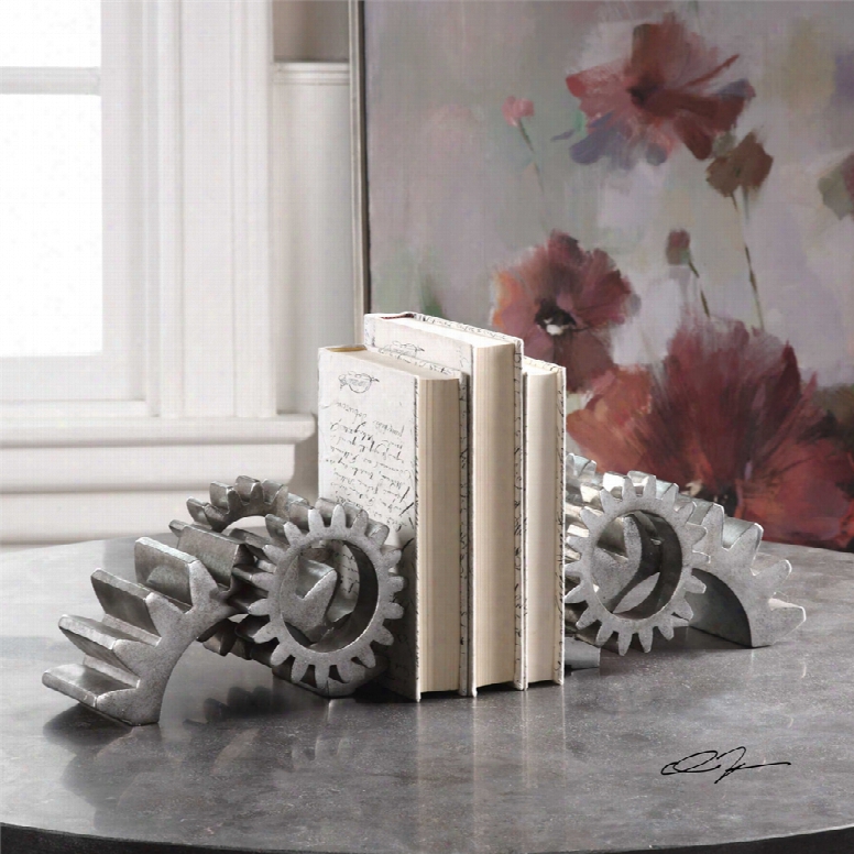 Uttermost Gears Bookends Set Of 2 In Silver