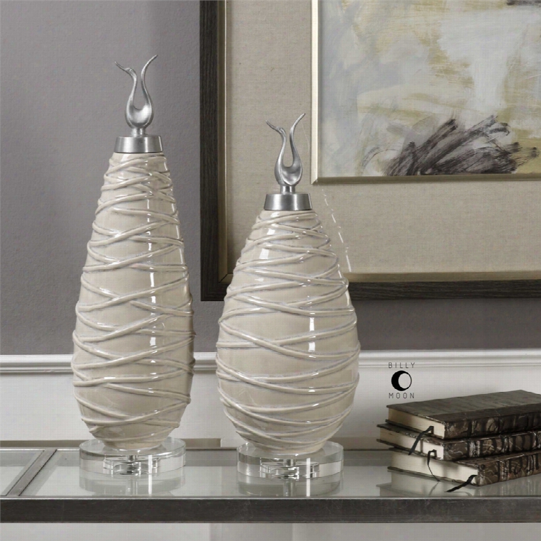 Uttermost Romeeo Crackled Finials Set Of 2 In Light Gray