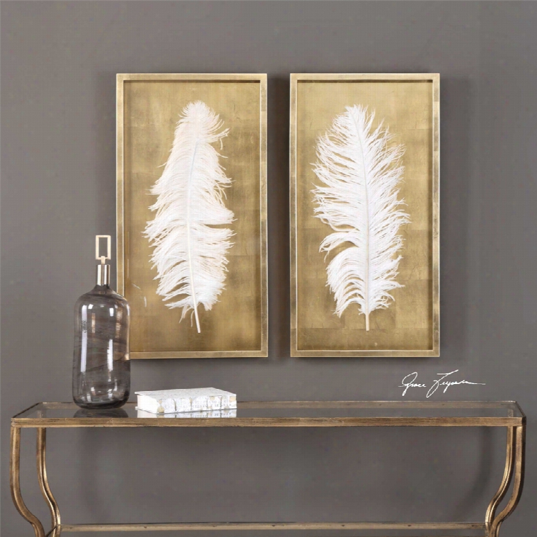 Uttermost White Feathers Shadow Box Set Of 2 In Gold