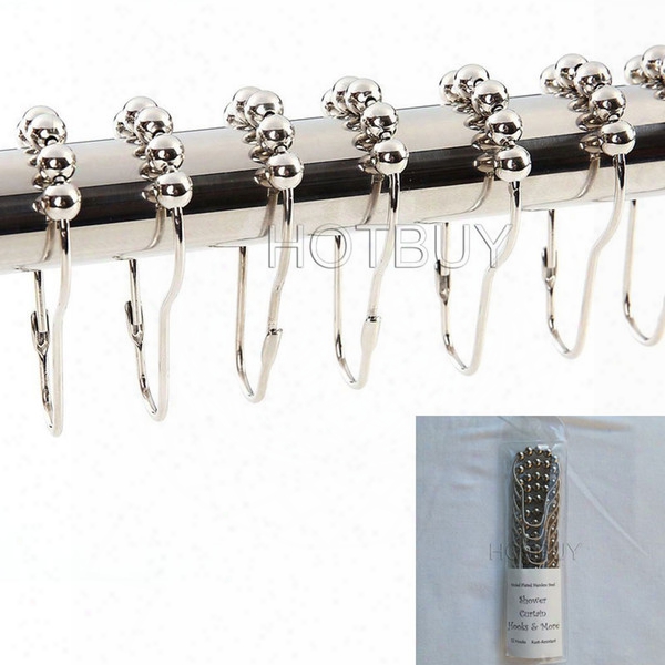 20x Set Of 12 Rustproof Polished Satin Nickel Shower 5 Roller Balls Curtain Rings Hooks Bathroom Shower Rod Window Rings With Pvc Bag #4027