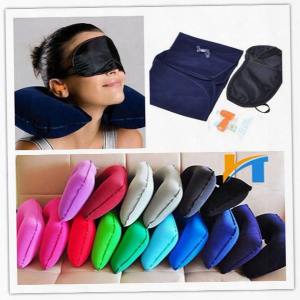 3 In 1 Outdoor Camping Car Airplane Travel Kit Infla Table Neck Pillow Cushion Support+eye Shade Mask Blinder+ear Plugs