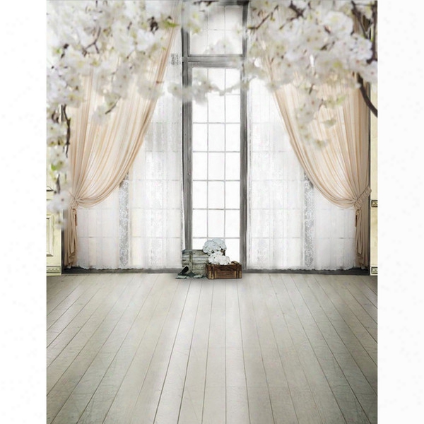 5x7ft Vinyl Digital Indoor White Curtain Window Wood Floor Photography Studio Backdrop Background