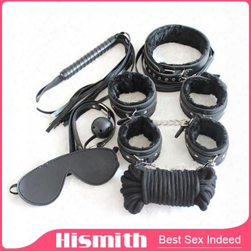 Bdsm Kit 5pcs/set Bondage For Foreplay Fur Handcuffs Blindfold Handcuffs Ankle Cuff Blindfold Collar Leather Whip Ball Gag Rope Sex Games
