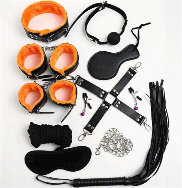Bondages 10pcs/set Bondage Kit Set Fetish Bdsm Roleplay Handcuffs Whip Rope Blindfold Ball Gag Black+orange Slave Bondage Wholesale