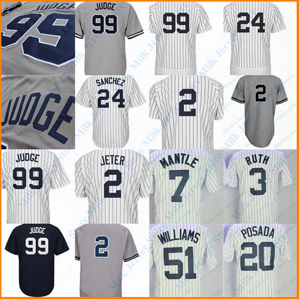 Derek Jeter Aaron Judge Gary Sanchez Babe Ruth Mickey Mantle Mariano Rivera Bernie Williams Jorge Posada Baseball Jersey White Gray