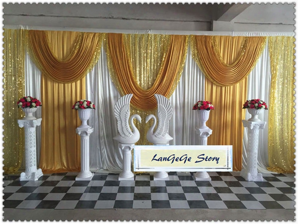 Free Shipping/ice Silk Wedding Backdrop\ivory Back Curtains With Gold Drapes And Gold Sequin Swags For Birthday Evening /10ft* 20ft