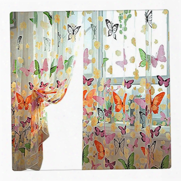 Hot Selling!!200cm X 100 Cm Butterfly Print Sheer Window Panel Curtains Tulle Panel Seher Curtains Room Divider New For Living Room Bedroom