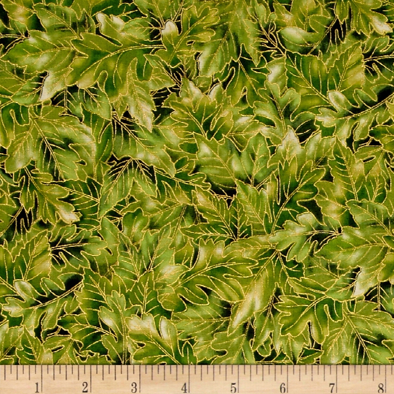 Kaufman Shades Of The Season Metallic Leaf Collage Green Fabric