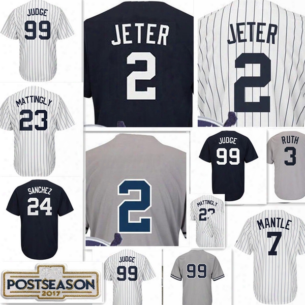 Men #99 Aaron Judge Jersey 2 D Erek Jeter 24 Gary Sanchez 7 Mickey Mantle 3 Babe Ruth Stitched Baseball Jerseys