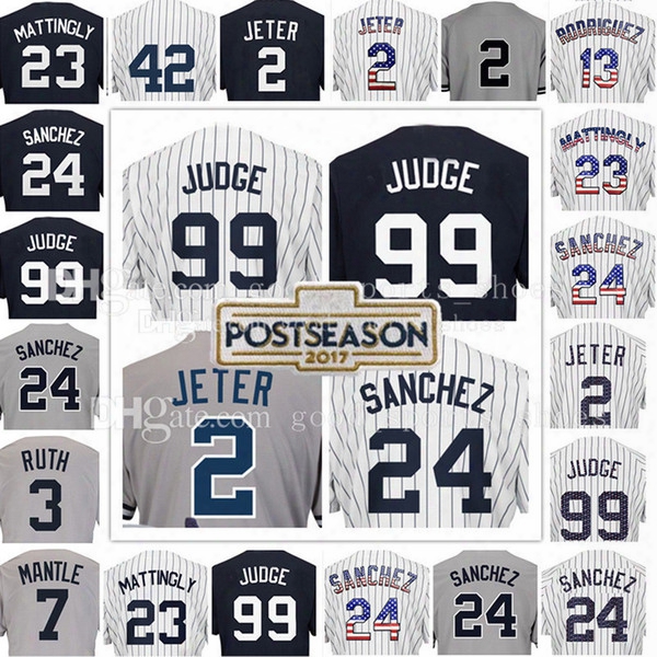 Men&#039;s 99 Aaron Judge 2 Derek Jeter 24 Gary Sanchez Jersey 23 Don Mattingly 3 Babe Ruth 7 Mickey Mantle Jerseys Embroidery Logos