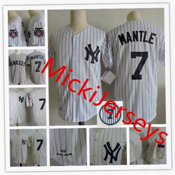 Mens Mickey Mantle Throwback Jerseys Stitched White Grey Navy #7 Mickey Mantle Retirement Patch Cool Base Baseball Jersey S-3xl