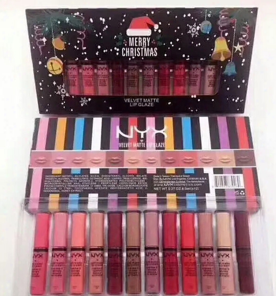 Nyx Velvet Matte Lip Glaze Lipstick Merry Christmas Set 12 Shades Normal Edition Lip Gloss Set High Qualiry