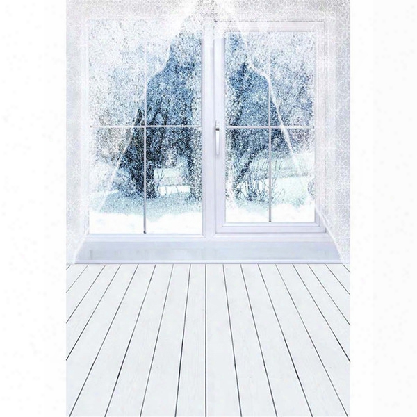 Outside Window Winter Snow Scenic Photography Backdrops Wood Floor Printed Lace Curtain Wedxing Children Photo Studio Portrait Backgrounds