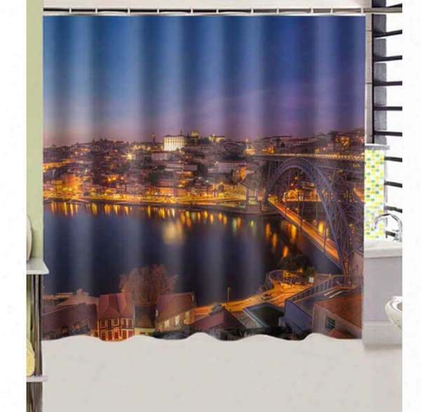 Portugal Bridges Rivers Night Porto Cities Design Shower Curtain Size 180 X 180 Cm Custom Waterproofp Olyester Fabric Bath Shower Curtains