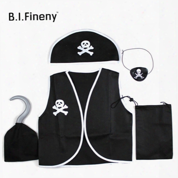 Q228 Children Kids Classic Pirate Costume Halloween Cosplay Costumes Skull Eye Vest Hat Blinder Hook Boys Girl Adult Costume