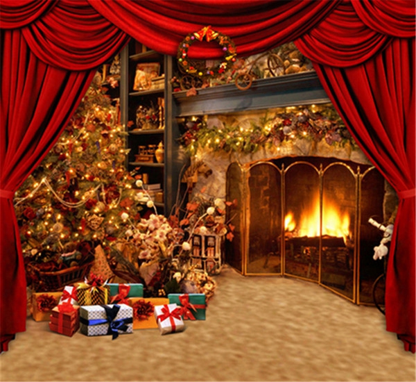 Red Curtain Stage Photo Backdrops Brown Texture Floor Gift Boxes Indoor Fireplace Christmas Tree Photography Backgrounds Studio Props
