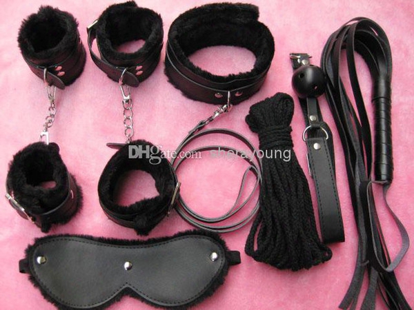 Sex 7-in-1 Bdsm Gear Sex Bondage Restraint Kit Pu Slave Wrist Ankle Cuffs Collar Whip Rope Blindfold Mouth Ball Gag Toys Jd1165