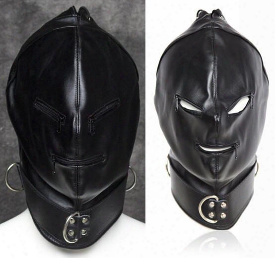 Sex Zipper Mask Hood Fake Leather Pvc Face Restraint Blindfold Fetish Head Harnesses Bondage Gay Couple Sm Sex Toy Eyes Mouth Zippered