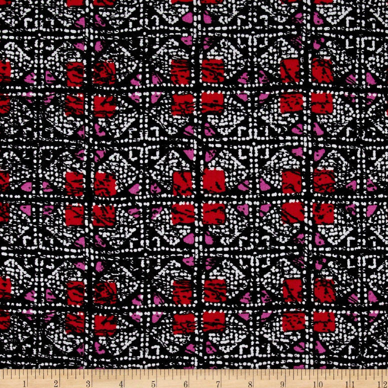 Sahdes Squares Rayon Crepe Print Black/red Fabric