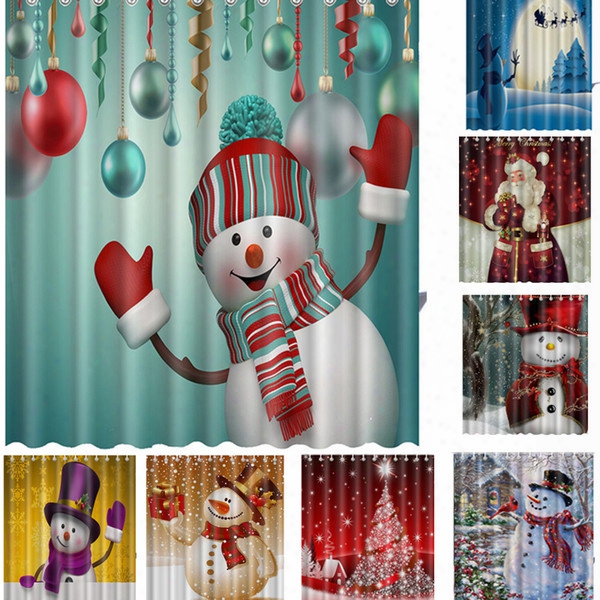 Smile Snowman Shower Curtain Merry Christmas Sleepy Snowman Pattern Waterproof Bathroom Curtain 165*180cm Christmas Trees Shower Curtains