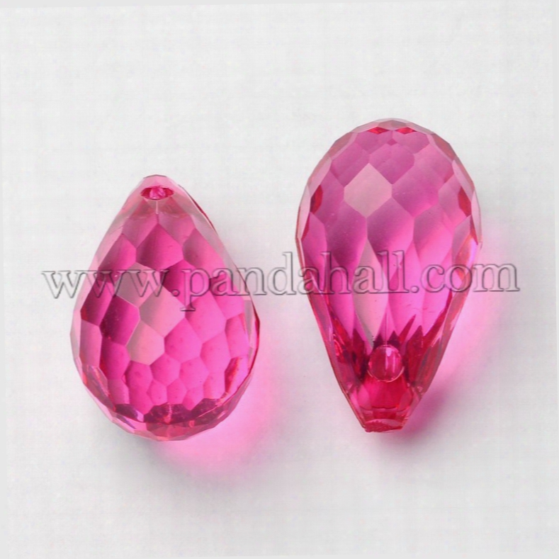 Transparent Acrylic Pendants For Curtains, Faceted Drop, Hotpink, About 24mm Long, 14mm Wide, Hole: 2mm, Around 226pcs/500g