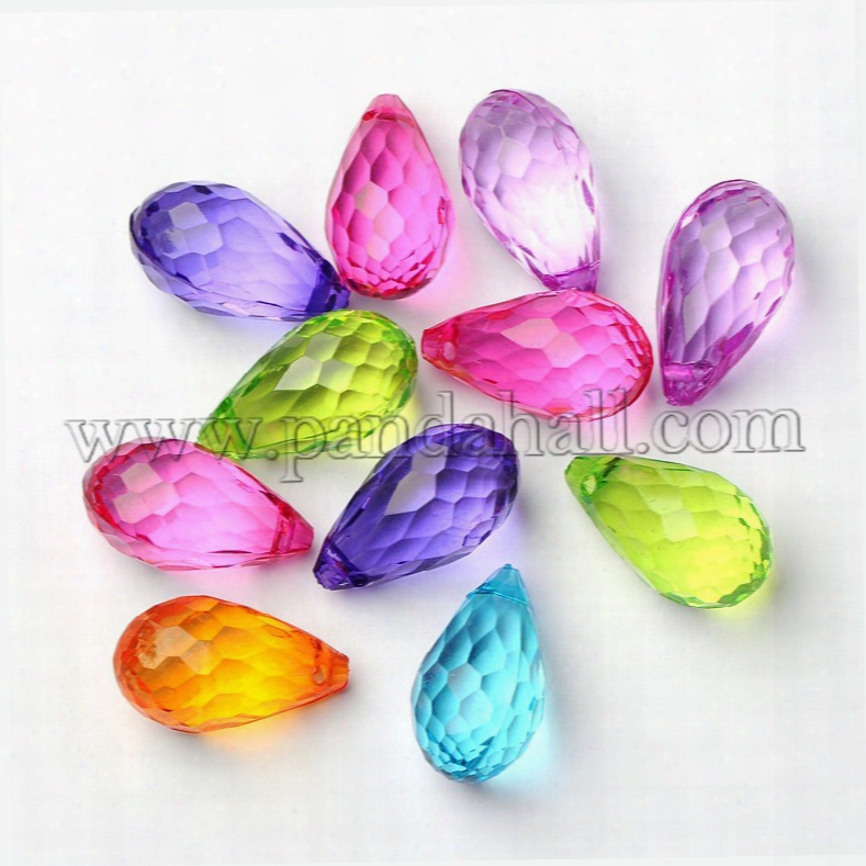 Transparent Acrylic Pendants For Curtains, Faceted Drop, Mixed Color, A Bout 24mm Long, 14mm Wide, Hole: 2mm, About 226pcs/500g