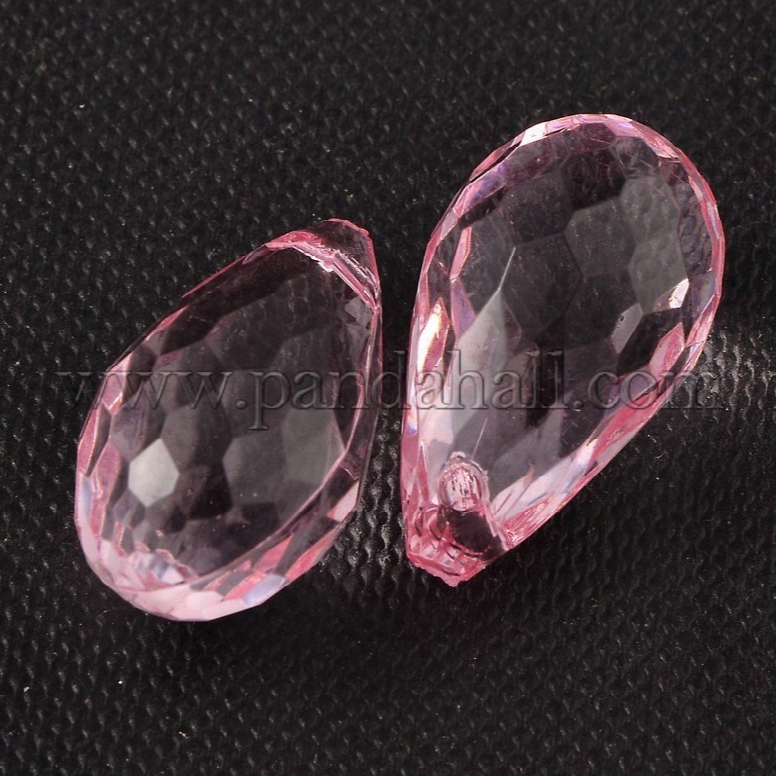 Transparent Acrylic Pendants For Curtains, Faceted Drop, Pink, Around 24mm Long, 14mm Wide, Hole: 2mm, About 226pcs/500g