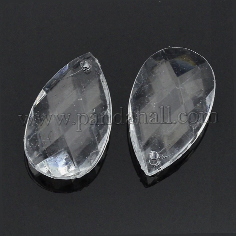 Transparent Acrylic Pendants For Curtains, Faceted, Drop, White, About 37.5mm Long, 21.5mm Wide, 10mm Thick, Hole: 2mm, About 125pcs/500g