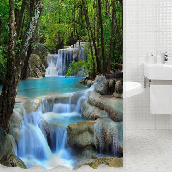 Wholesale- 3d Waterfall Scenery Waterproof Shower Curtain Bathrom Products Creative Polyester Bath Curtain Cortina De Bano With 12 Hooks