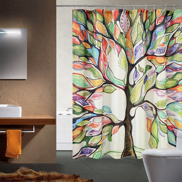 Wholesale- Big Colorful Tree Design Pattern Bath Waterproof Polyester Fabric Shower Curtain + Hooks Bathroom Tool